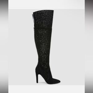 Fergie Destiny Black Suede Laser Cutout Over The Knee Stiletto Heeled Boots 8